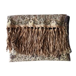 Vintage Boho Chic Paisley Shawl Scarf Wrap Genuine Leather Fringe Reversible
